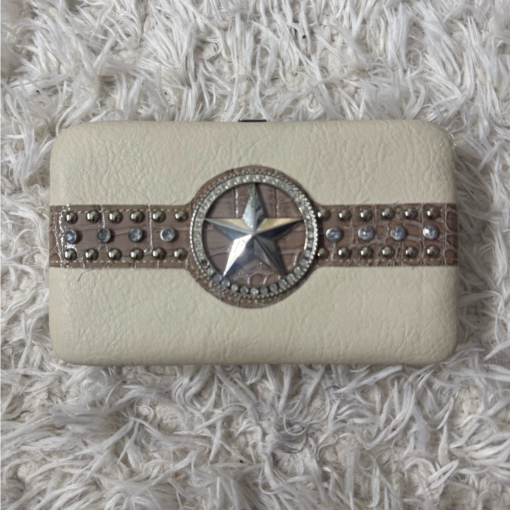 Cream and Tan Star Embellished Clutch